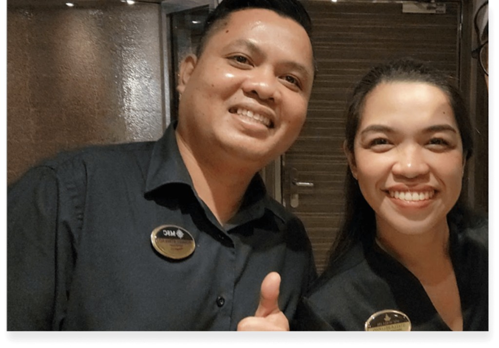 Fellow Filipino working on a cruise ship, Smiling for a photo.