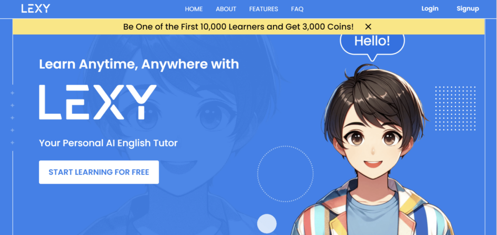 A screenshot of the landing page of Lexy, a web application for English language learning.