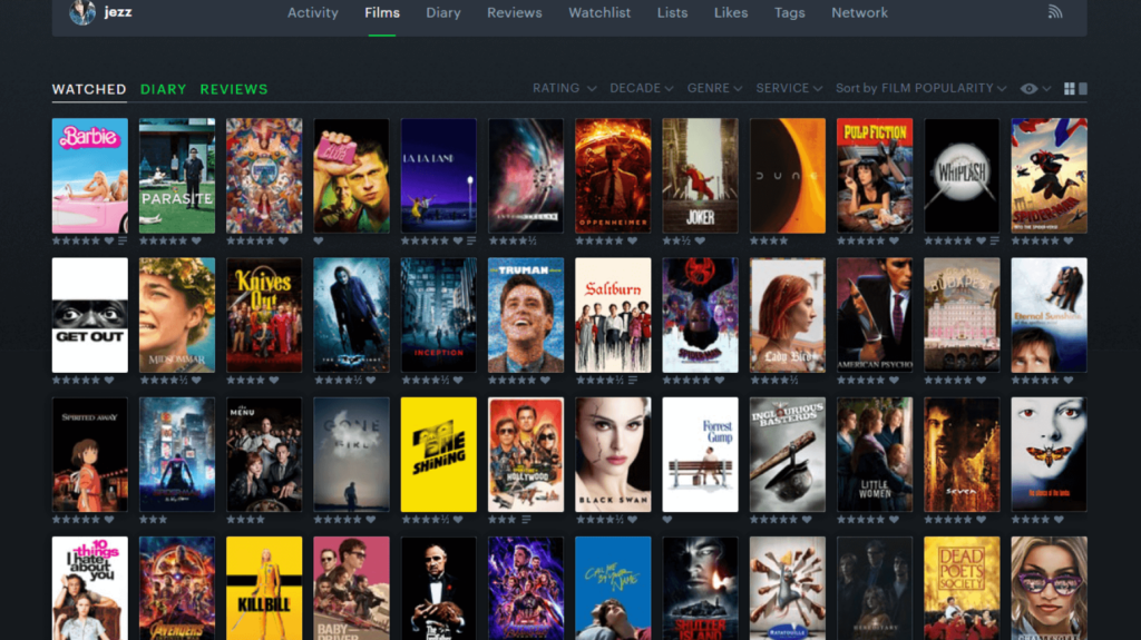 Different images of digital posters on Letterboxd's website interface