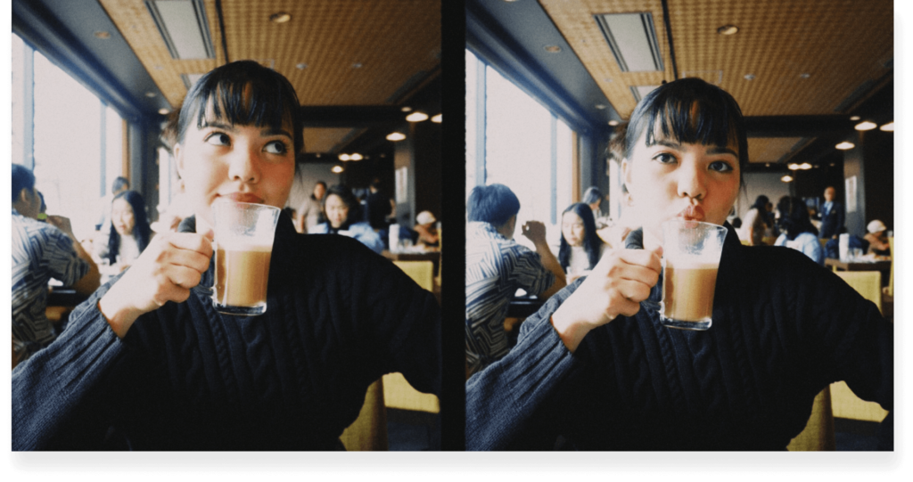 wo images of a woman drinking at a bustling cafe.