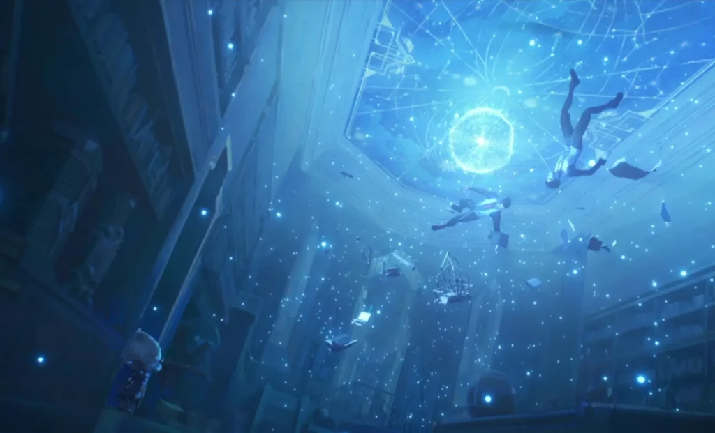 A fantastical scene of a starry, celestial library with floating books, furniture, and people, illuminated by a glowing orb on the ceiling resembling a constellation map.