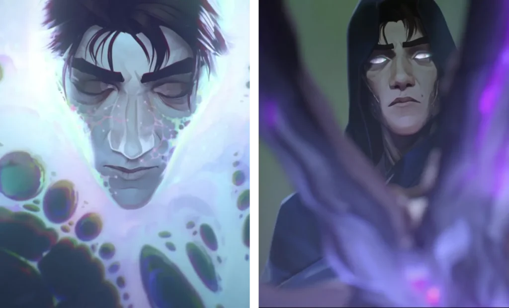 Two images depicting a man during and after a major physical transformation. The left image shows him submerged in a glowing liquid, undergoing a transformation. The right image shows him later, with glowing white eyes and a gaunt appearance.