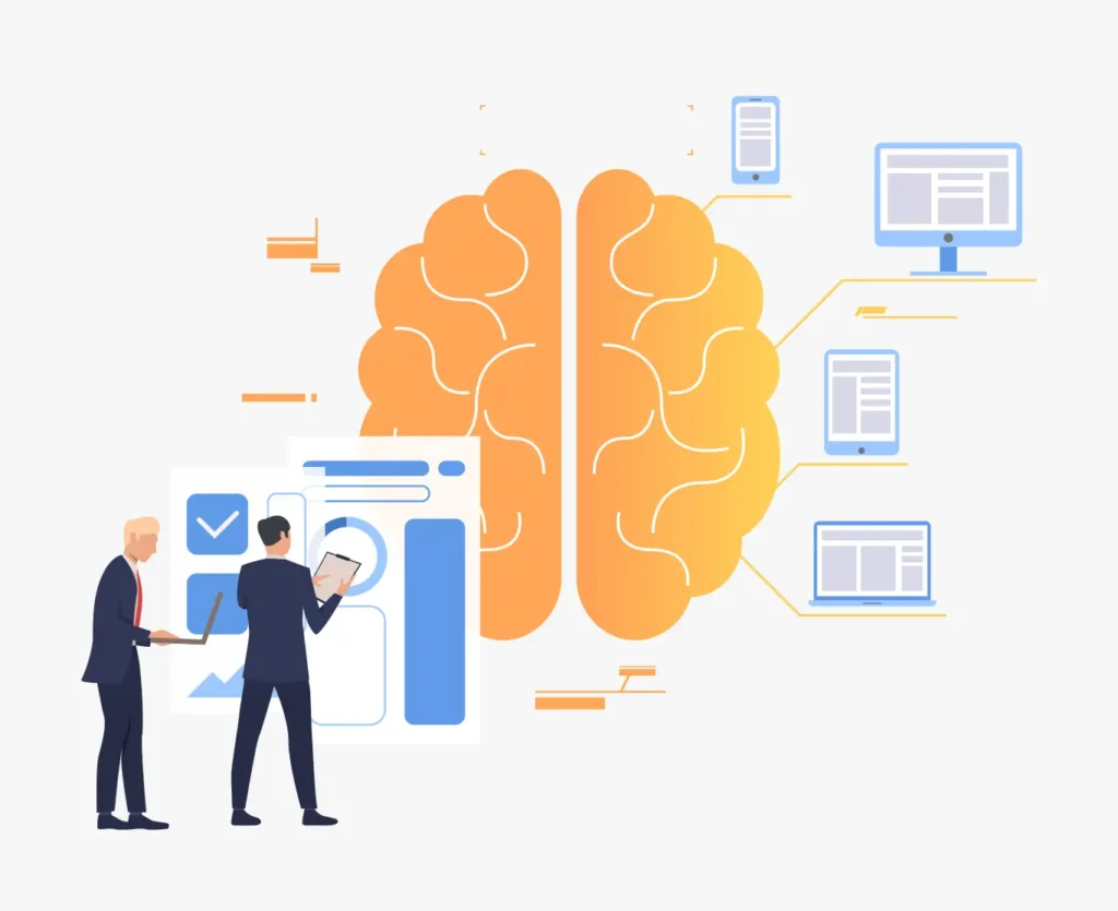 A visual representation of the modern business environment, featuring business people working with digital devices, a strategic chart, and a brain graphic representing strategic thinking and technological integration.