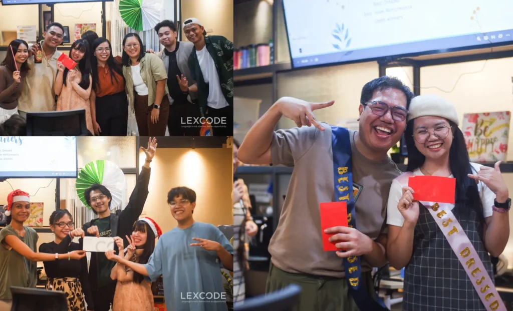 Team members from different departments pose for photos, showing off their prizes for winning the party games and other competitions.