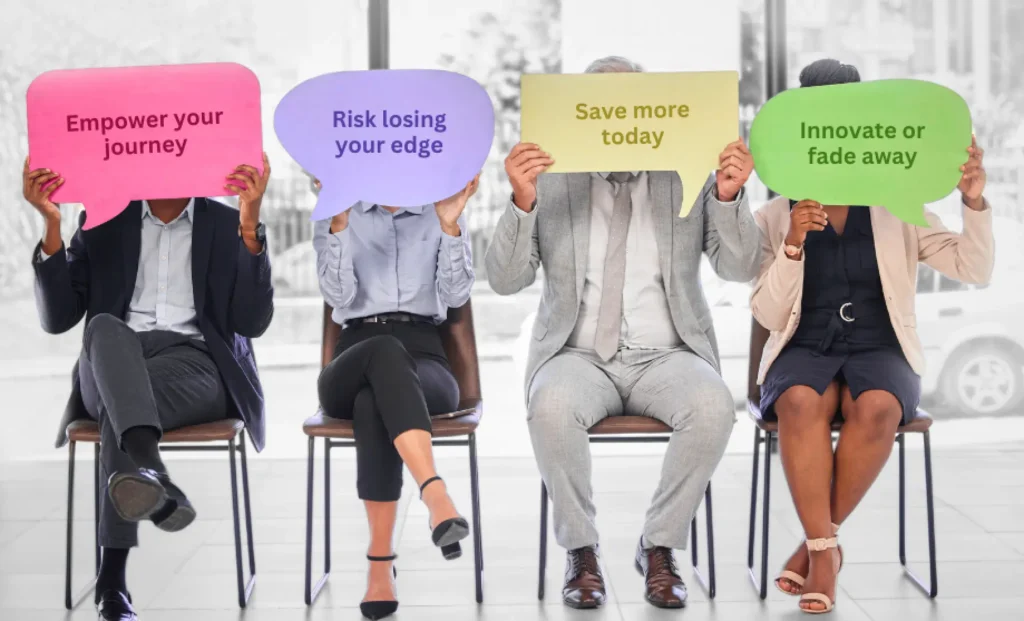 Four people sitting on chairs with large speech bubbles showing marketing copy cover their faces.