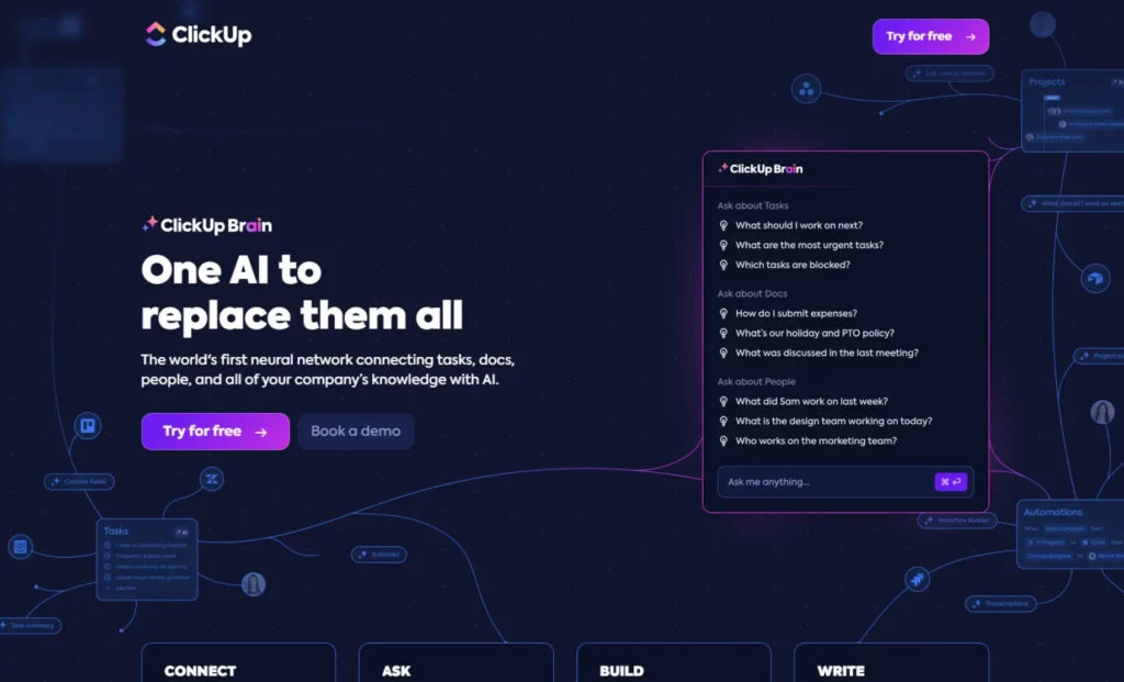 A dark-themed ClickUp website page displaying an "One AI to replace them all" banner and chat interface.