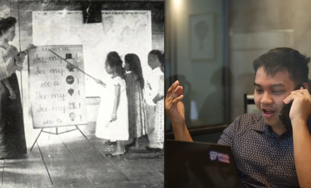 A split image juxtaposing children at a chalkboard with a person gesturing in an office setting.