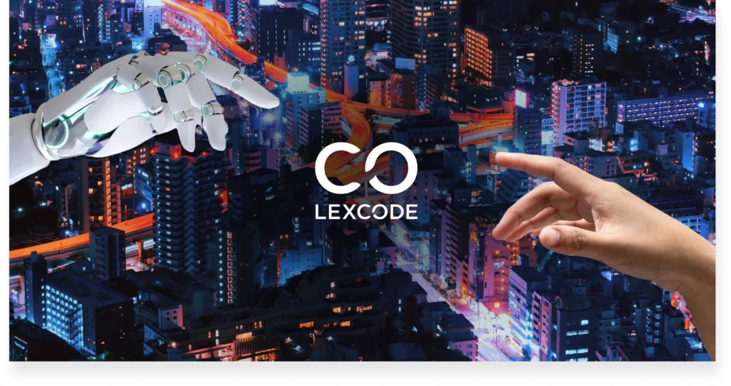 A human hand and a robotic hand reaching out to each other over a cityscape at night, with the Lexcode logo in the center.