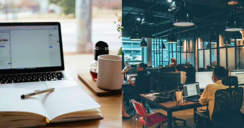 A split image showing a remote work setup with a notebook, coffee, and laptop on the left, and a bustling collaborative office environment on the right.