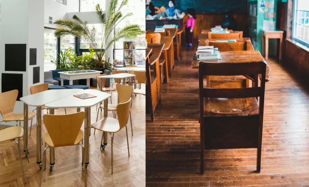 Side-by-side comparison of a modern cafe with light furniture and plants and a traditional classroom with wooden desks.