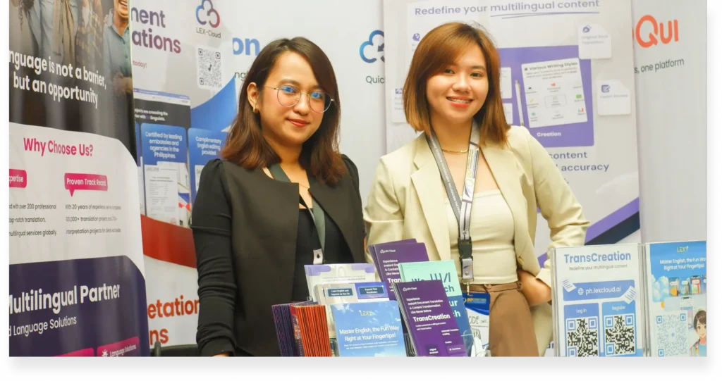 Lexcode Philippines' leaders participating in a business exhibition and conference, presenting the company's AI-powered language solutions to attendees.