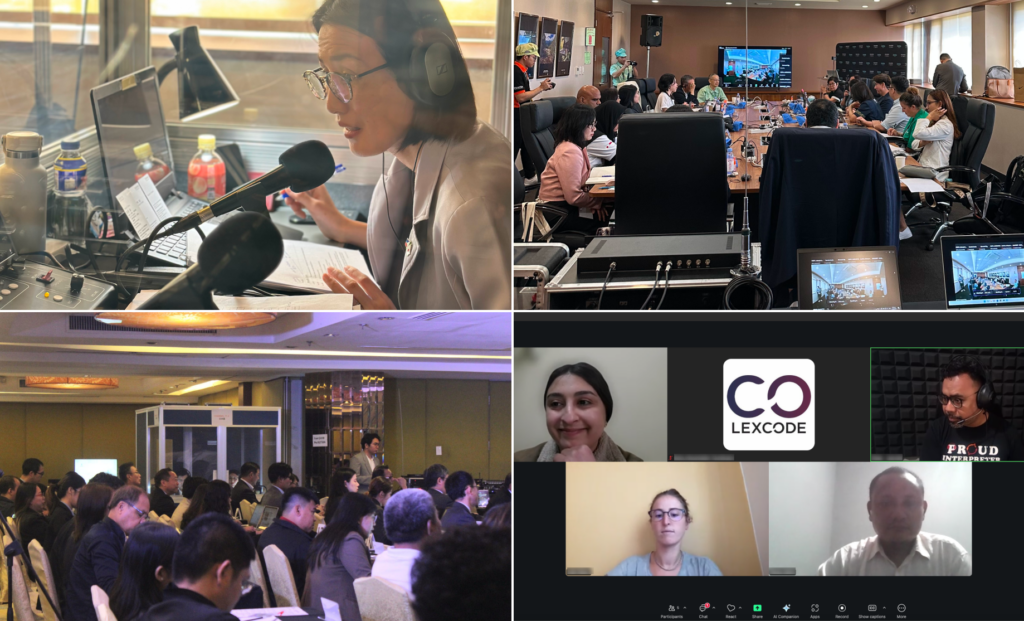 A collage of images showing Lexcode interpreters working in various settings—inside interpretation booths, at a conference room, and in a virtual meeting.