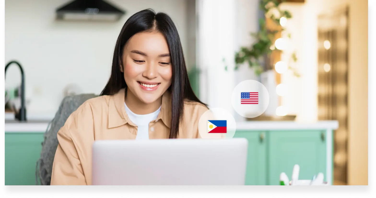 A professional interpreter at Lexcode conducting remote simultaneous interpretation (RSI) between Bisaya and English, with Philippine and US flag icons displayed on her screen.