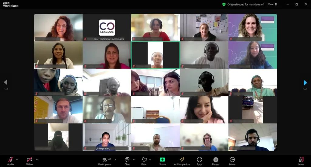 A screenshot of a virtual international workshop on Zoom, featuring participants engaged in remote collaboration and real-time language interpretation.
