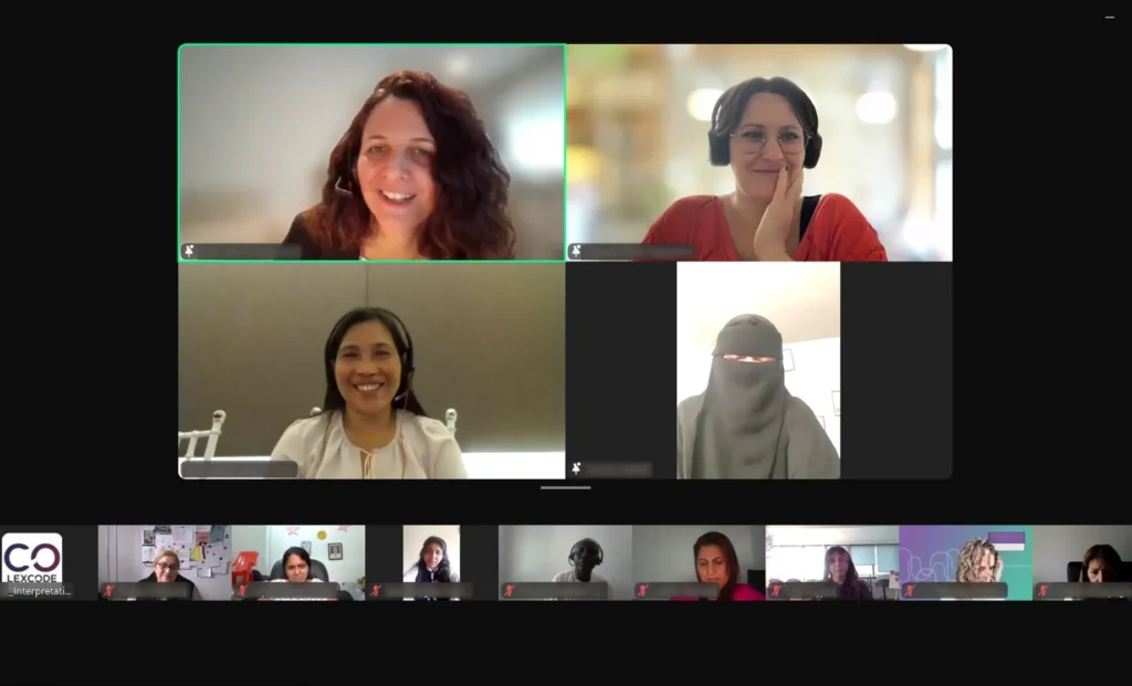 A screenshot of a virtual international workshop on Zoom, featuring multilingual participants collaborating through Lexcode's remote simultaneous interpretation (RSI) services.