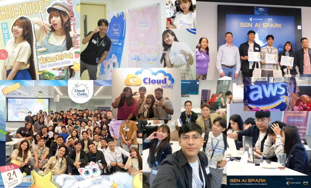 A vibrant collage featuring AWS community events, Cloud Clubs activities, tech leadership workshops, and young innovators celebrating achievements.