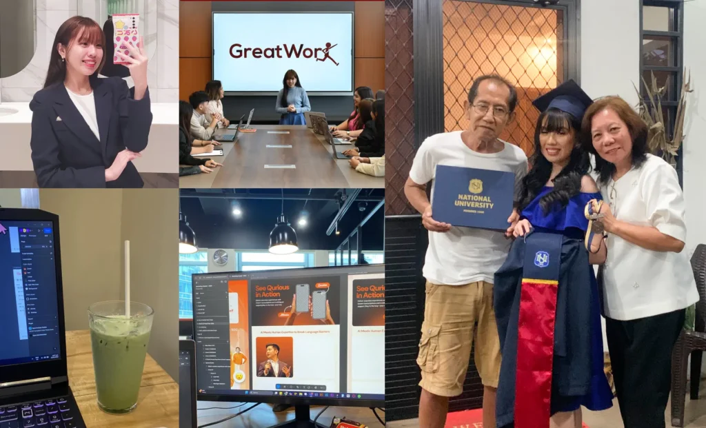 Collage featuring career highlights, creative work on a laptop, and a graduation celebration with family.
