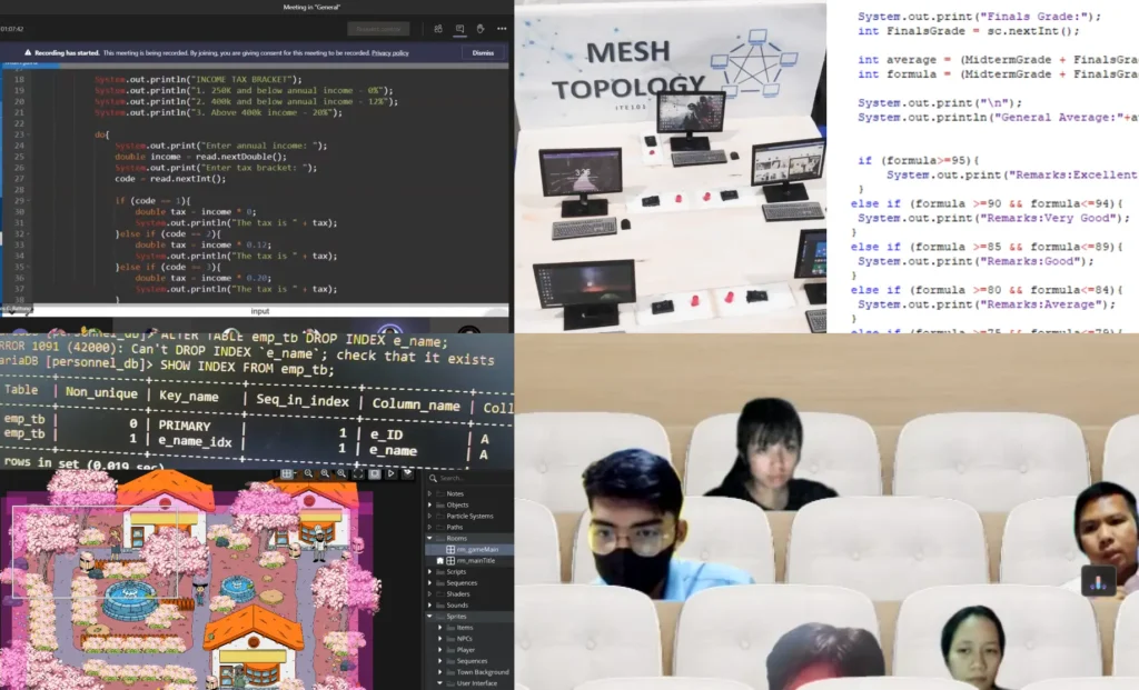 Collage showing coding exercises, a mesh network topology setup, a database project, and students attending an online class.