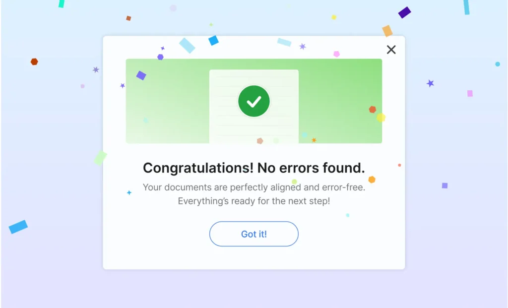 Successful document verification message with no errors found, surrounded by colorful confetti.