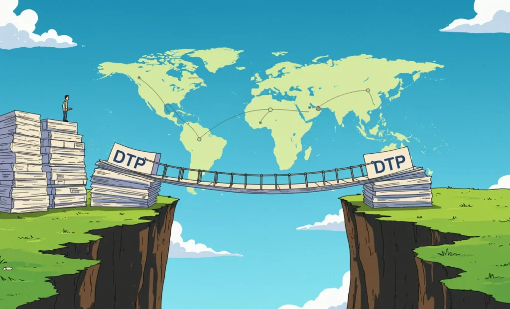Illustration of DTP bridging a global communication gap with stacks of documents and a world map.