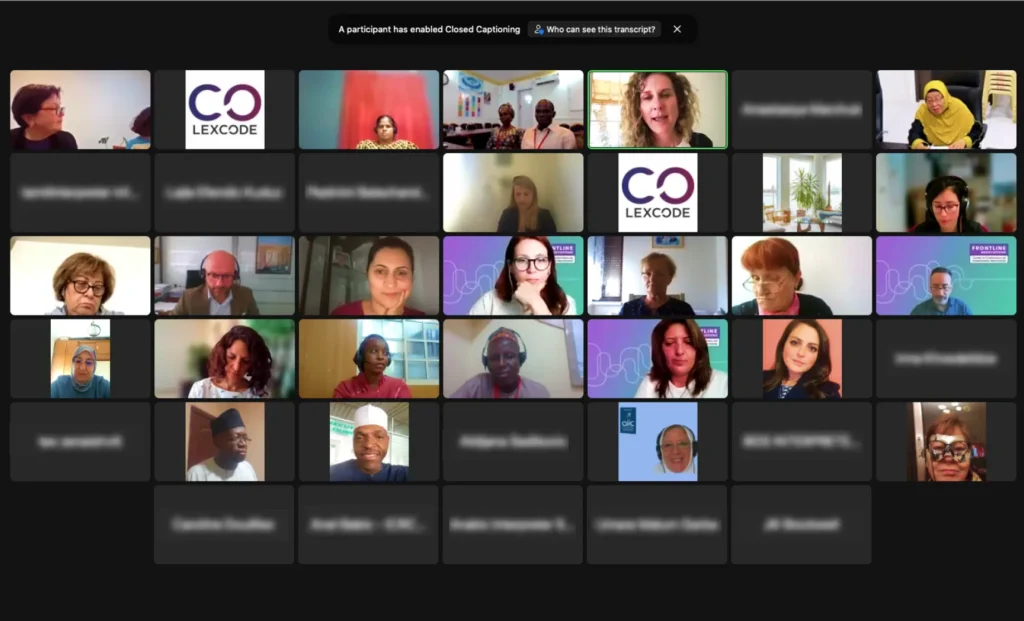 Screenshot of a Zoom meeting with diverse participants and Lexcode branding displayed.