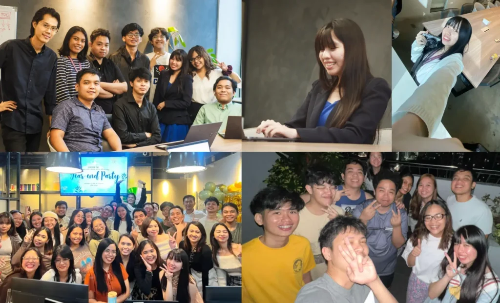 Collage of team events, office moments, and career milestones, featuring a smiling group of colleagues and workplace celebrations.