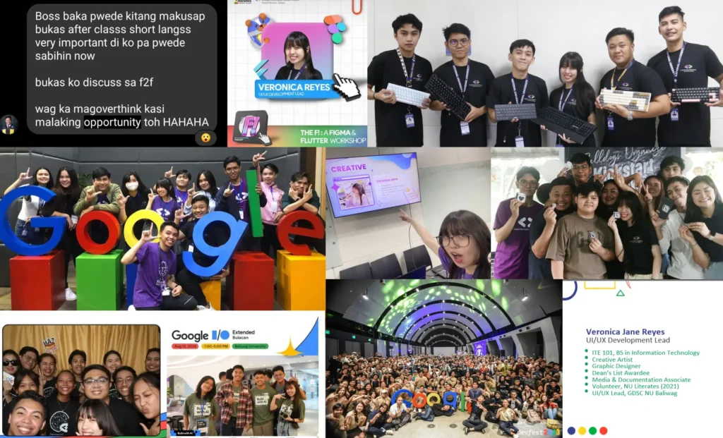 A vibrant collage of tech career milestones, Google Developer community events, leadership workshops, and personal achievements.
