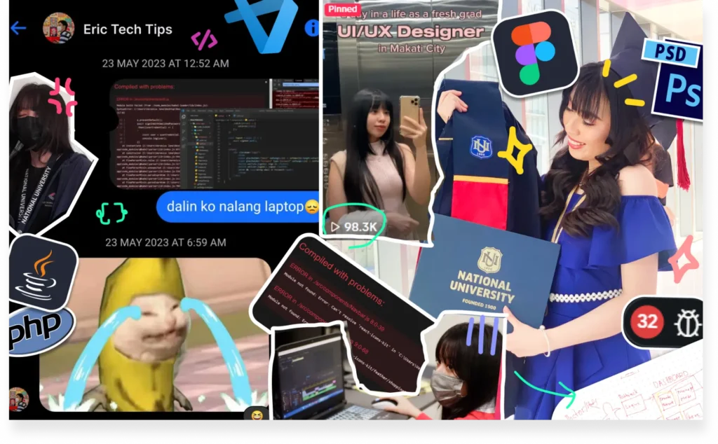 Collage showing a student's journey through coding, design, and graduation.