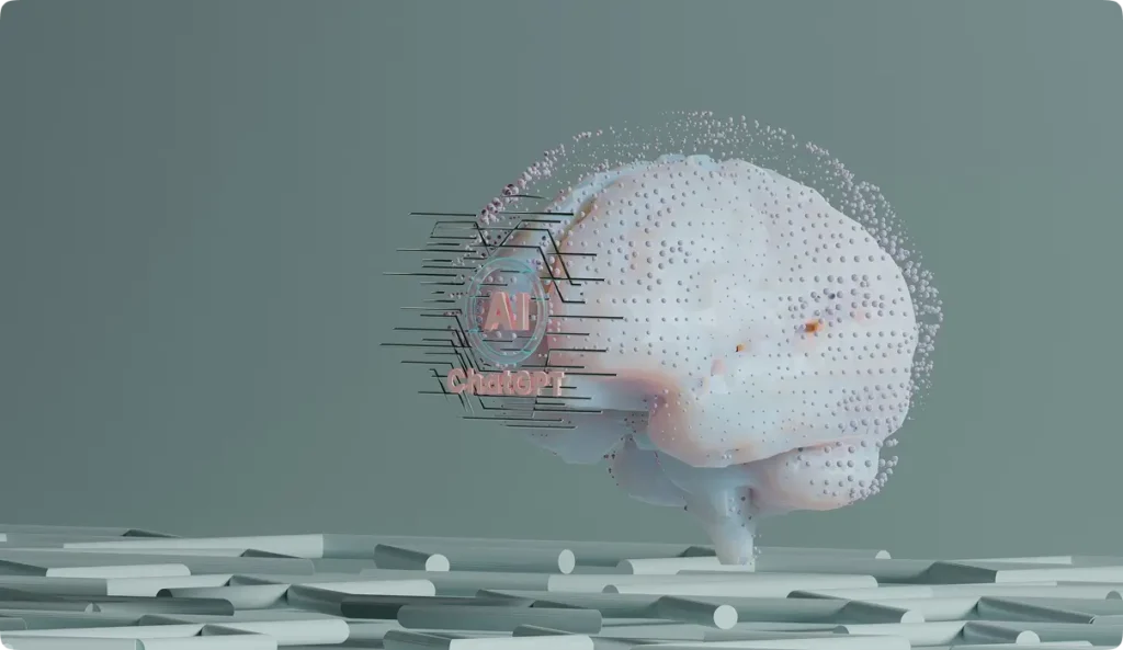 3D rendered human brain with AI circuit patterns and digital elements representing artificial intelligence technology