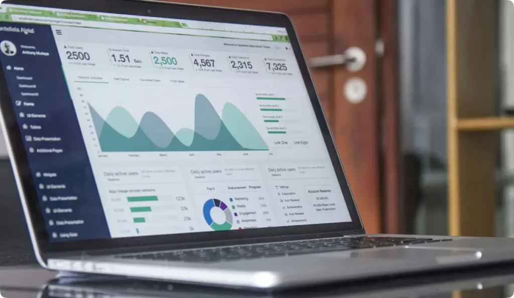 Modern analytics dashboard displayed on laptop screen showing business intelligence metrics, charts, and data visualizations in professional office setting