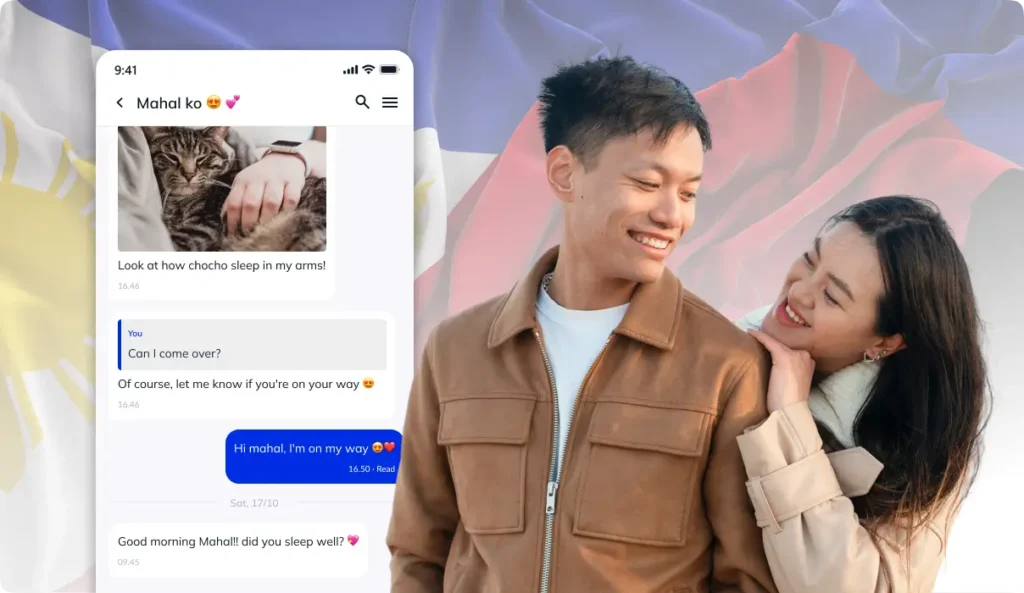 Smartphone screenshot of a loving couple’s chat conversation with affectionate messages and a pet mention.