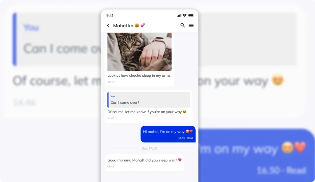 Smartphone screenshot showing romantic chat messages between partners with pet photos and meeting plans