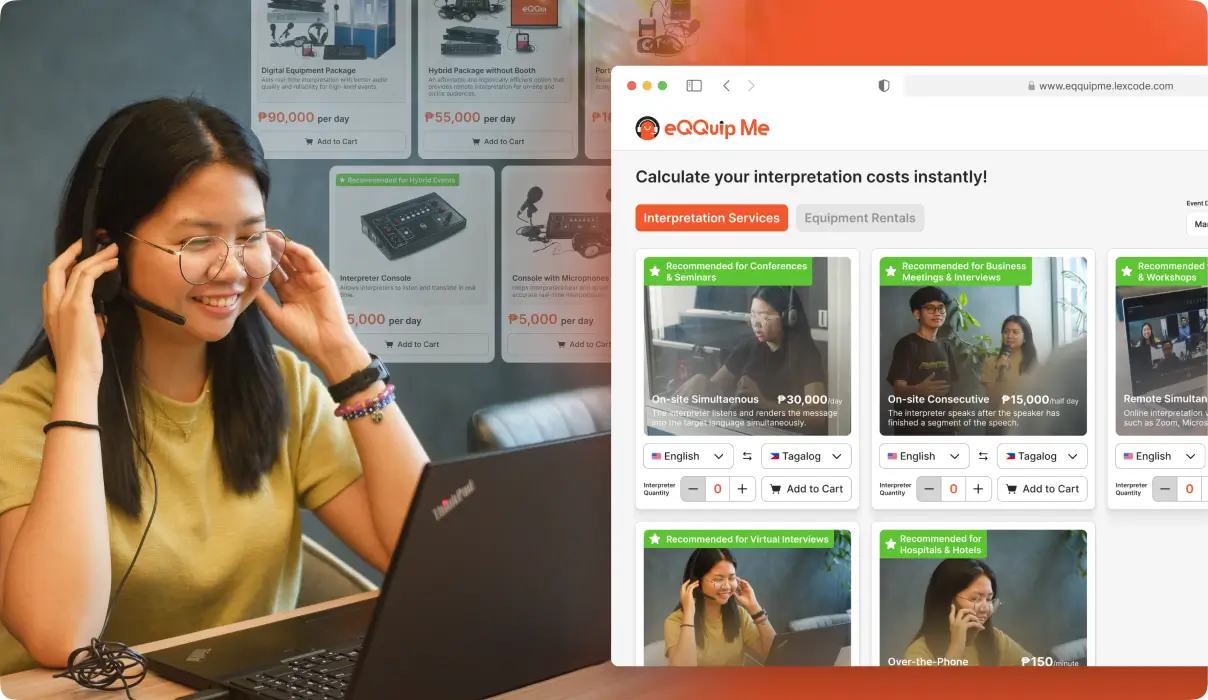 Female interpreter using headset while viewing eQQuip Me interpretation services calculator website with pricing options