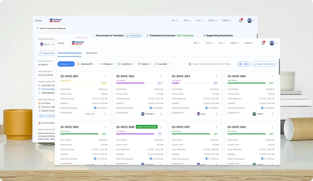 Translation project management dashboard showing multiple document requests with progress tracking and status updates