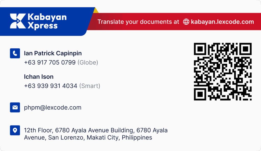 Contact details for KabayanXpress support team with QR code, address, and website link to kabayan.lexcode.com.