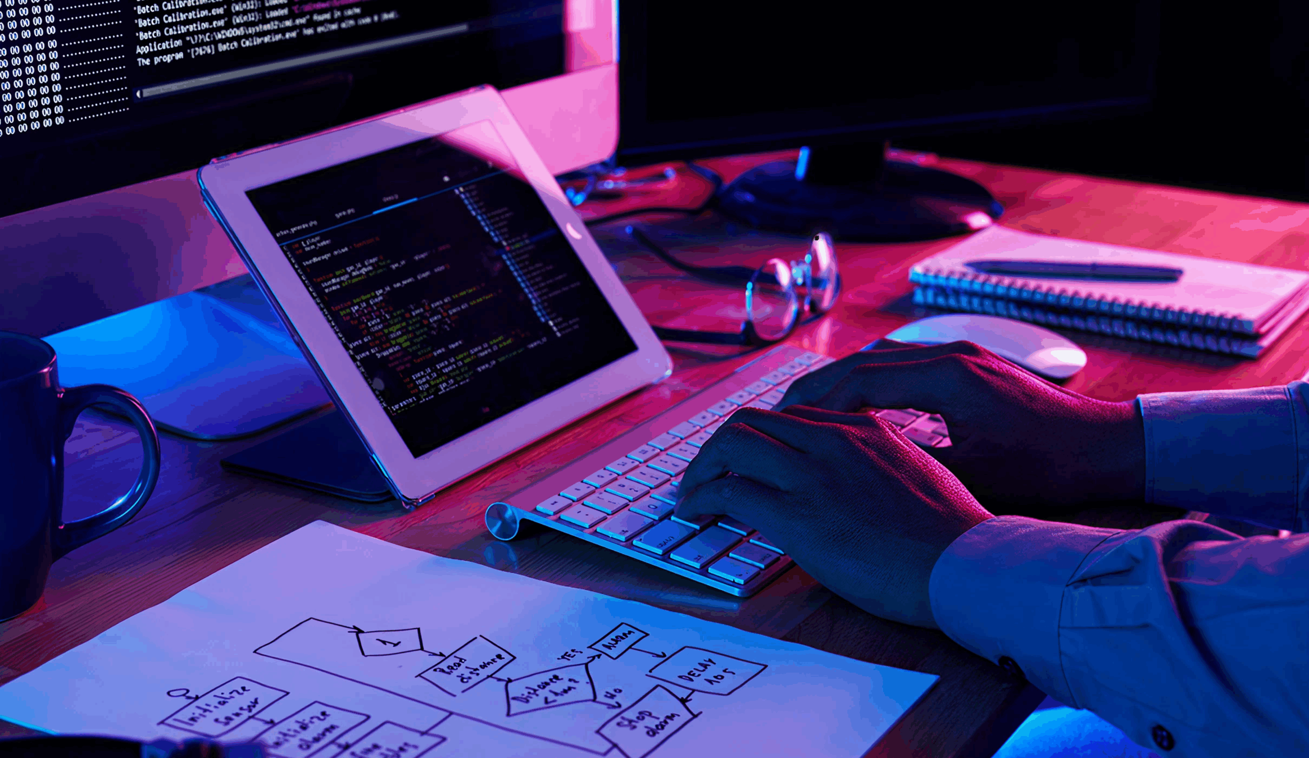 Developer working on a computer and tablet with code displayed, surrounded by a keyboard, flowchart, and blue-pink lighting