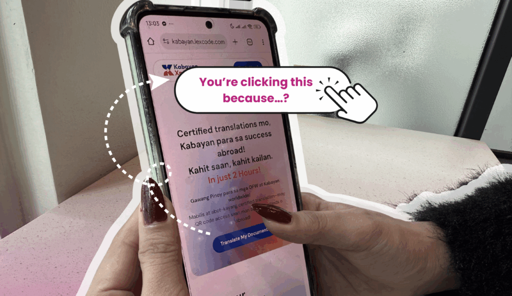 Hand holding a smartphone showing the KabayanXpress site with the text “Certified translations mo, Kabayan…” and a highlighted CTA button.