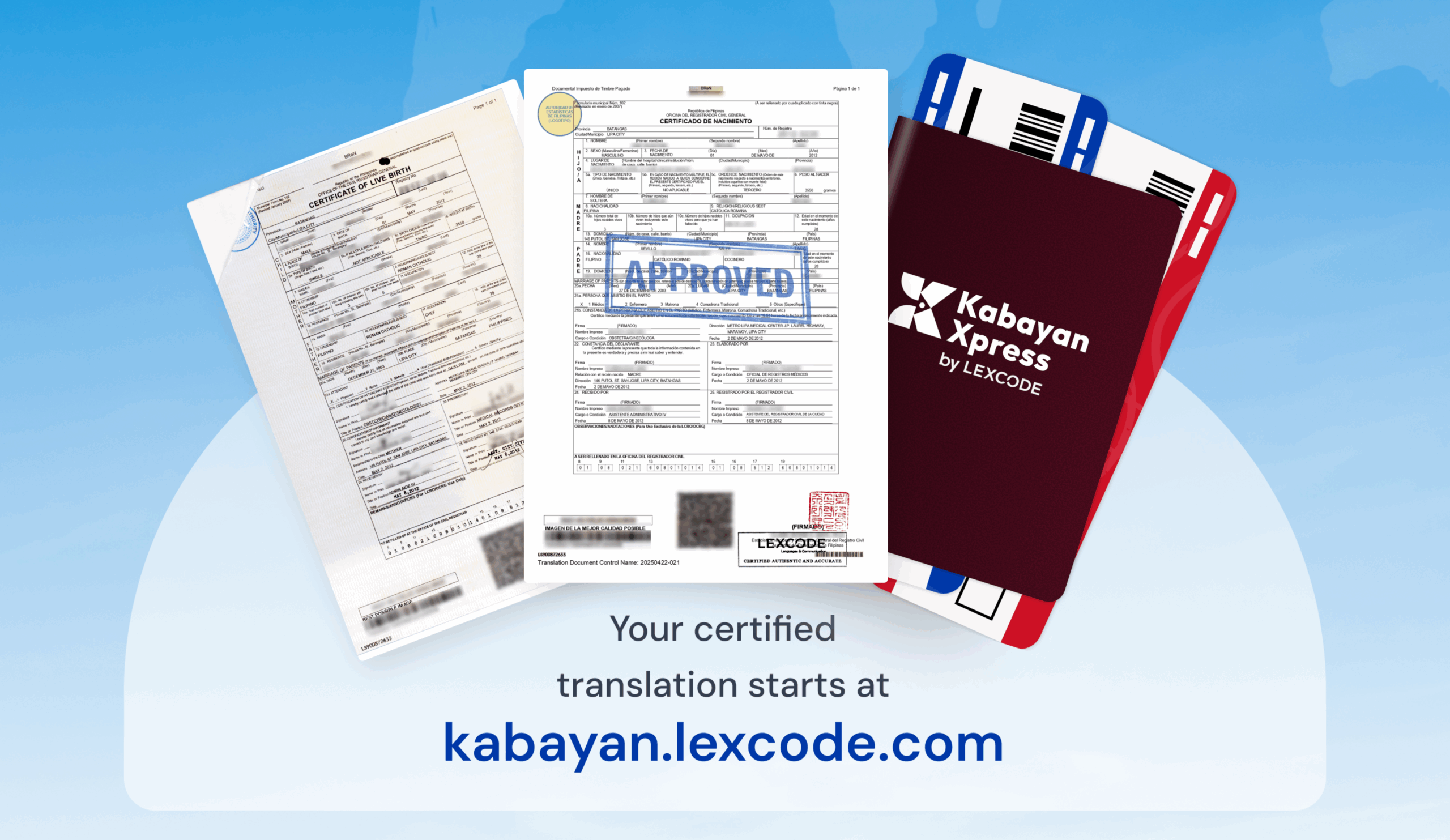 Official documents labeled “Approved” with KabayanXpress folders and a call-to-action to visit kabayan.lexcode.com for certified translations.