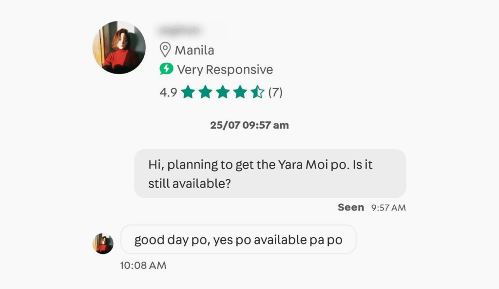Screenshot of a messaging conversation showing a user inquiring about a product and receiving a prompt, positive response.