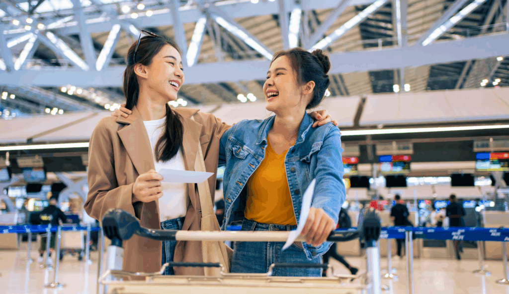 2 women laughing in the airport while holding their plane tickets