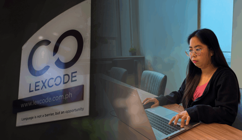 Lexcode Inc logo and a woman with glasses in front of the laptop