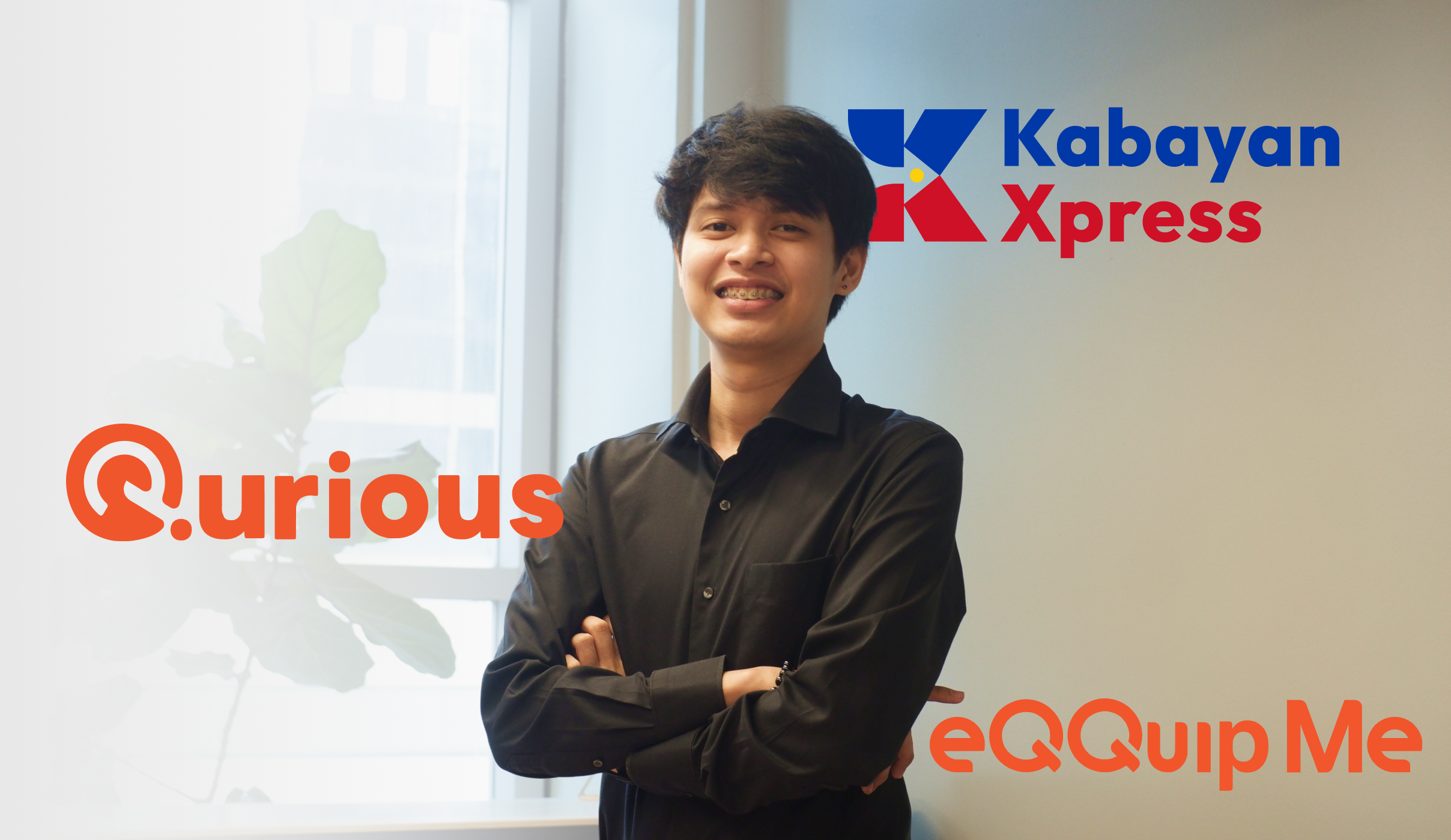 a man smiling and standing professionally with Qurious, KabayanXpress, and eQQuip Me logos
